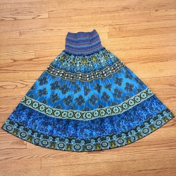 Boho Syle floral blue skater midi Smoked Skirt - Picture 10 of 16